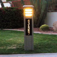 square contemporary lighted bollard with lighted address numbers